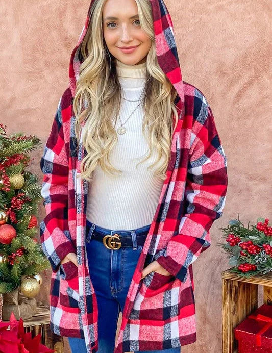 Red Riding Hooded Plaid Cardigan | Daverri Fashions