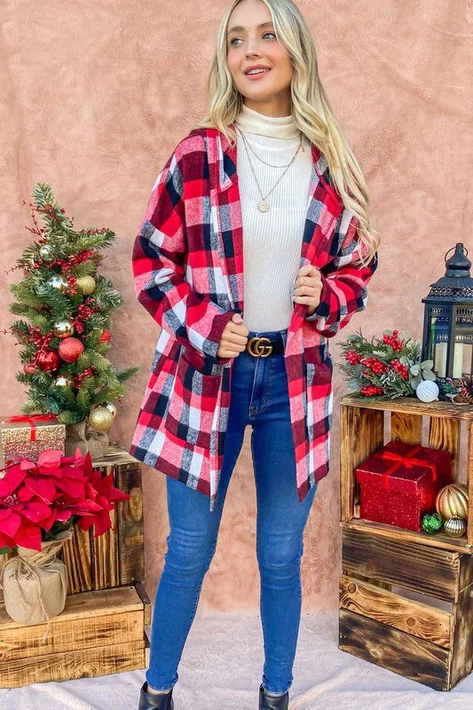 Red Riding Hooded Plaid Cardigan | Daverri Fashions
