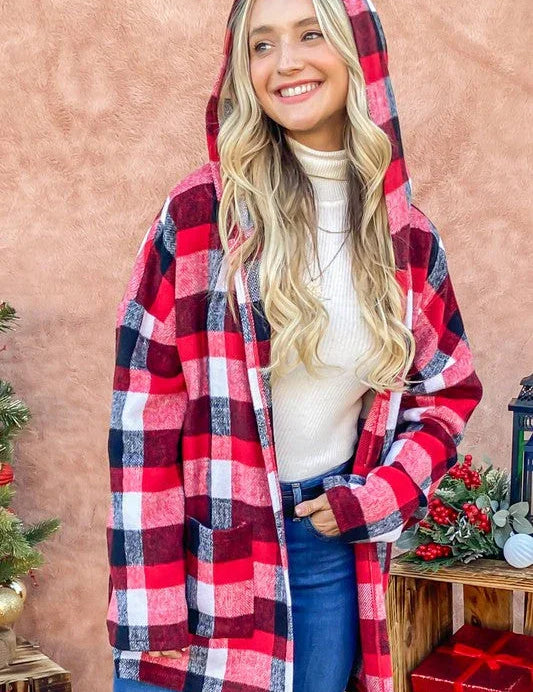 Red Riding Hooded Plaid Cardigan | Daverri Fashions