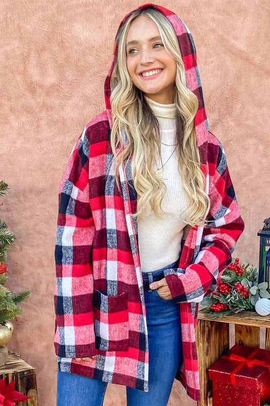 Red Riding Hooded Plaid Cardigan | Daverri Fashions