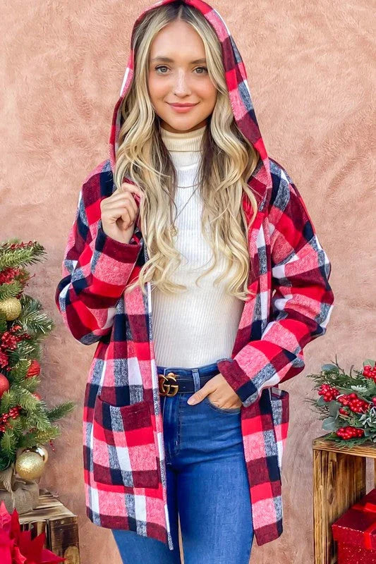 Red Riding Hooded Plaid Cardigan | Daverri Fashions