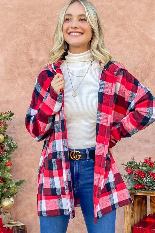 Red Riding Hooded Plaid Cardigan | Daverri Fashions