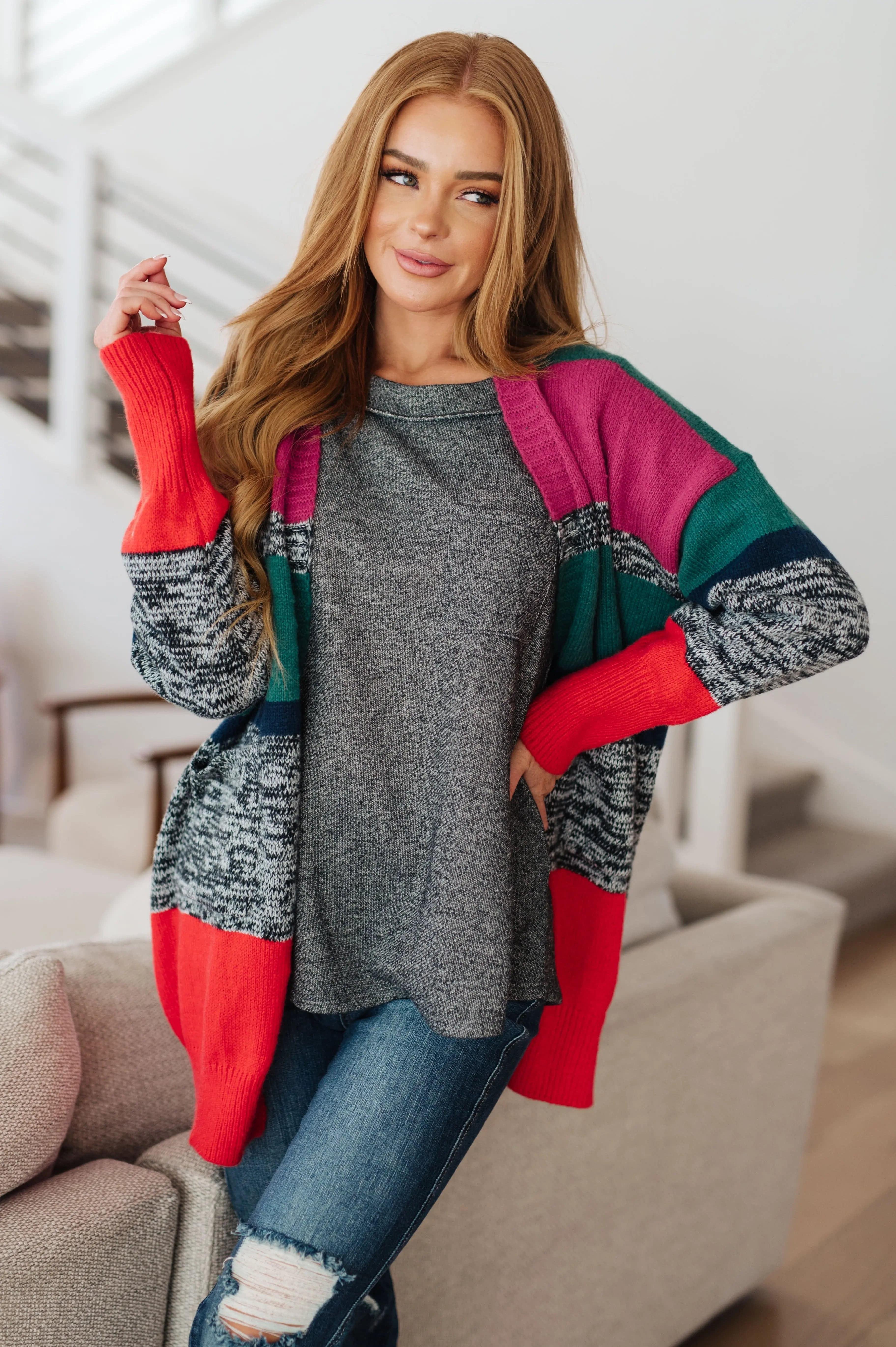 Color Block Striped Open Cardigan Cardigans