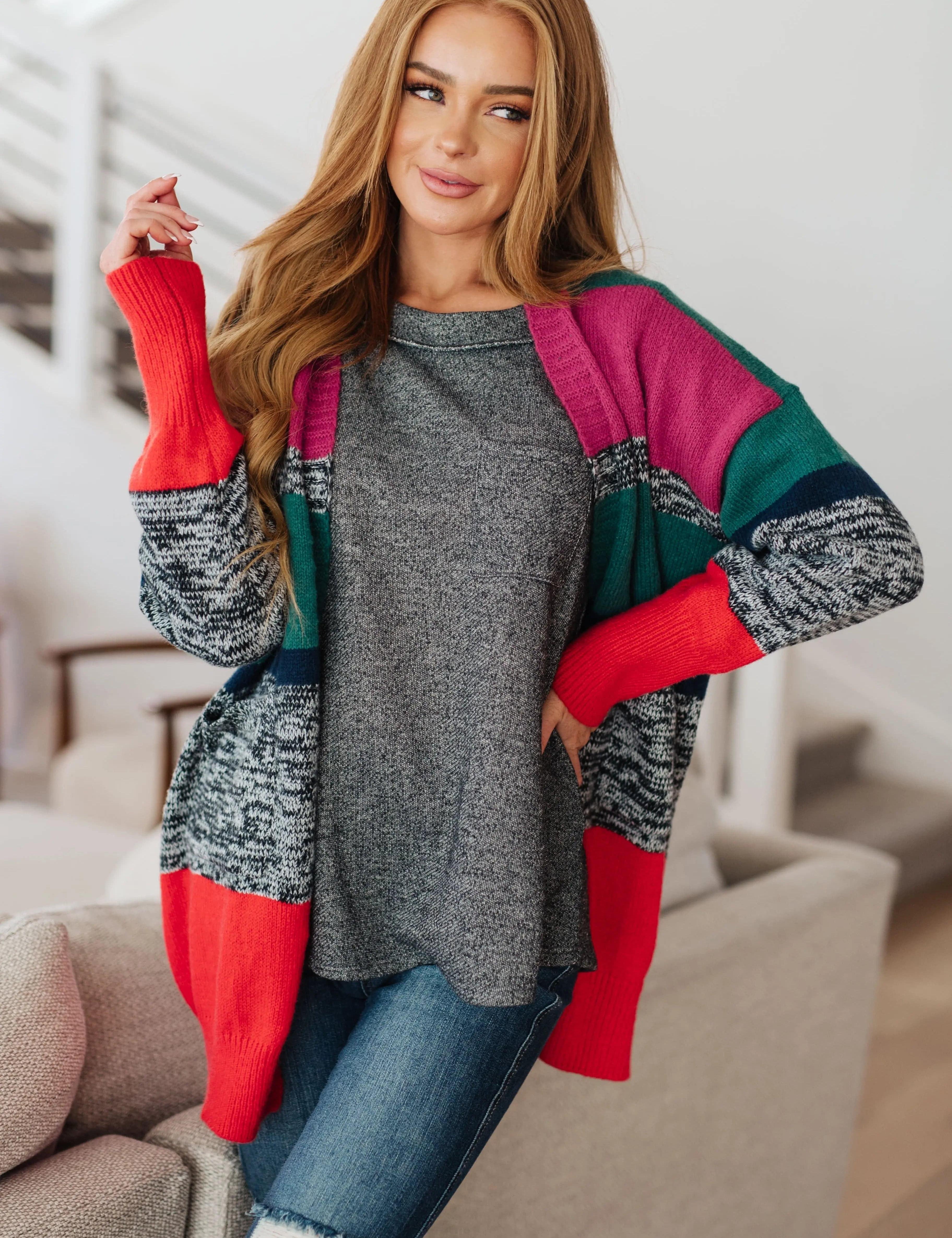 Color Block Striped Open Cardigan Small Multicolor Cardigans