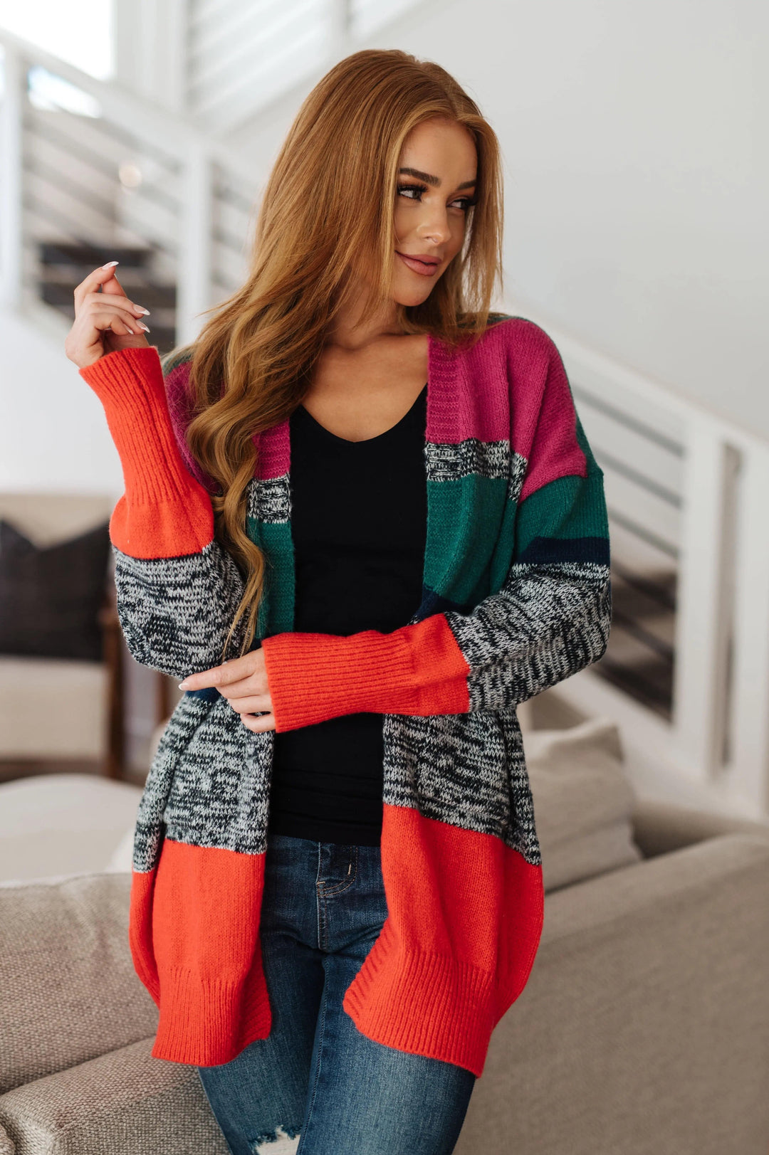 Color Block Striped Open Cardigan Cardigans