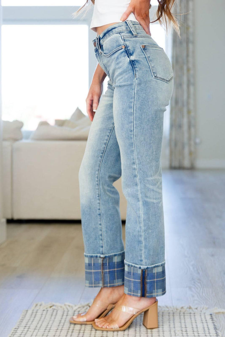 High Rise Plaid Cuff Vintage Straight Judy Blue Jeans Jeans