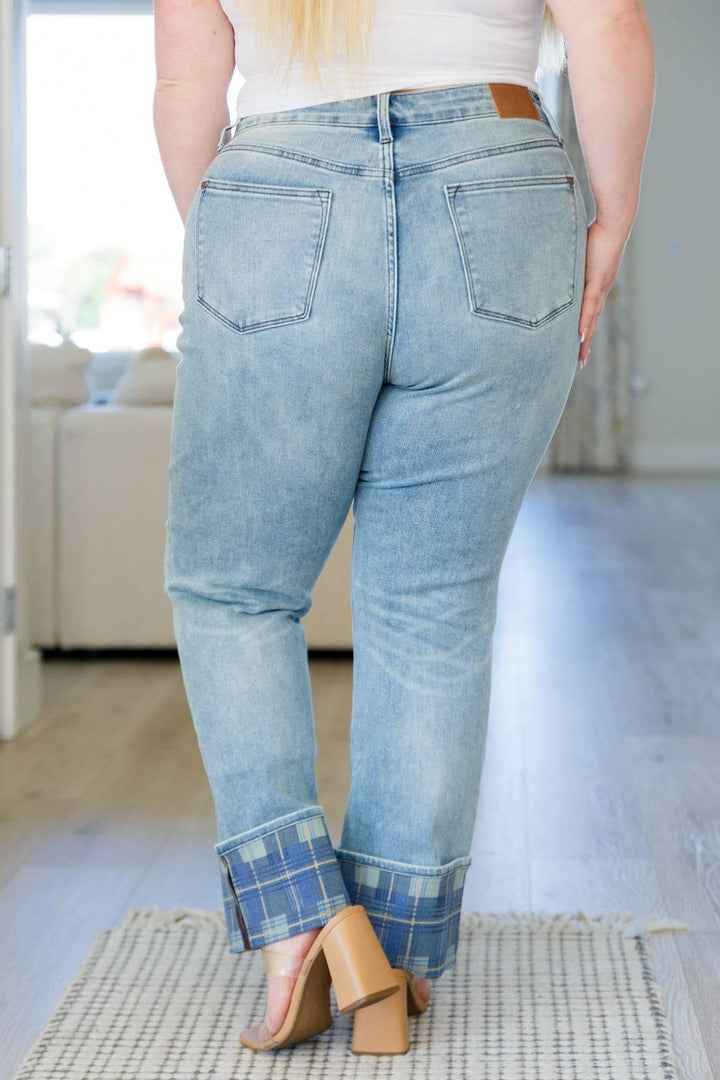 High Rise Plaid Cuff Vintage Straight Judy Blue Jeans Jeans