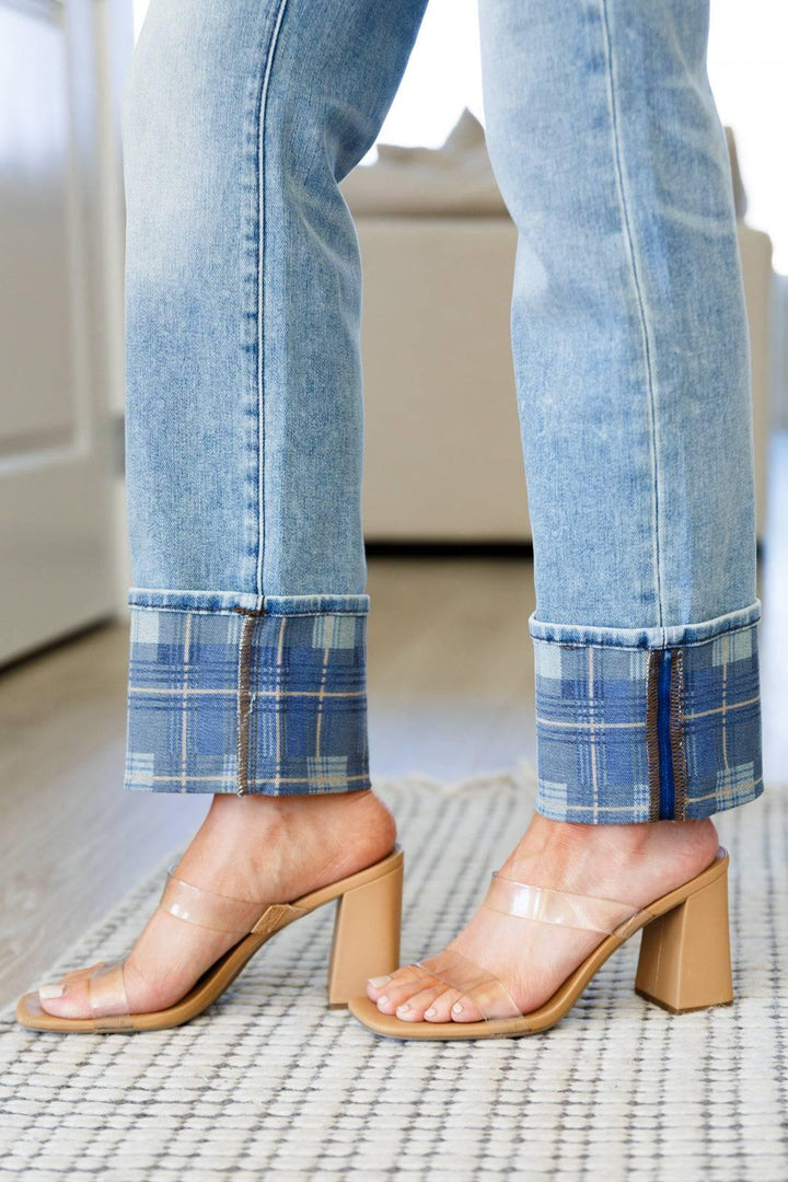 High Rise Plaid Cuff Vintage Straight Judy Blue Jeans Jeans