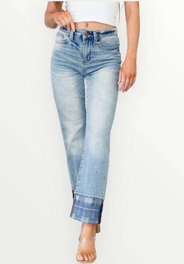 High Rise Plaid Cuff Vintage Straight Judy Blue Jeans Jeans