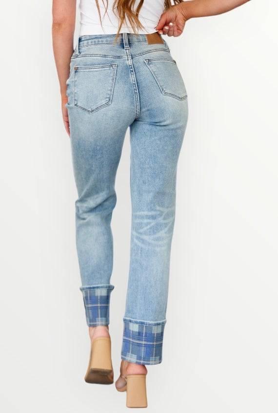 High Rise Plaid Cuff Vintage Straight Judy Blue Jeans Jeans