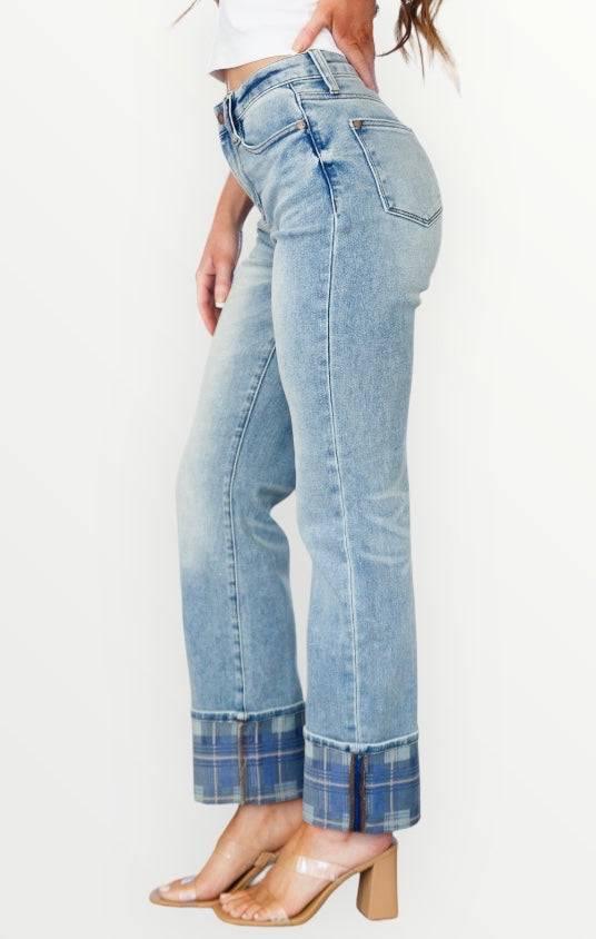 High Rise Plaid Cuff Vintage Straight Judy Blue Jeans Jeans