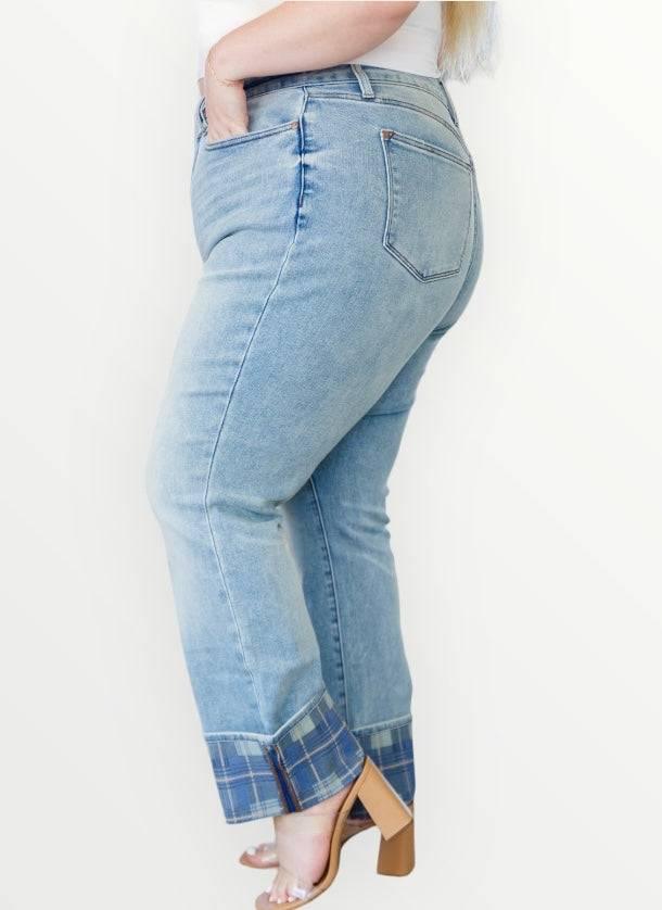 High Rise Plaid Cuff Vintage Straight Judy Blue Jeans Jeans