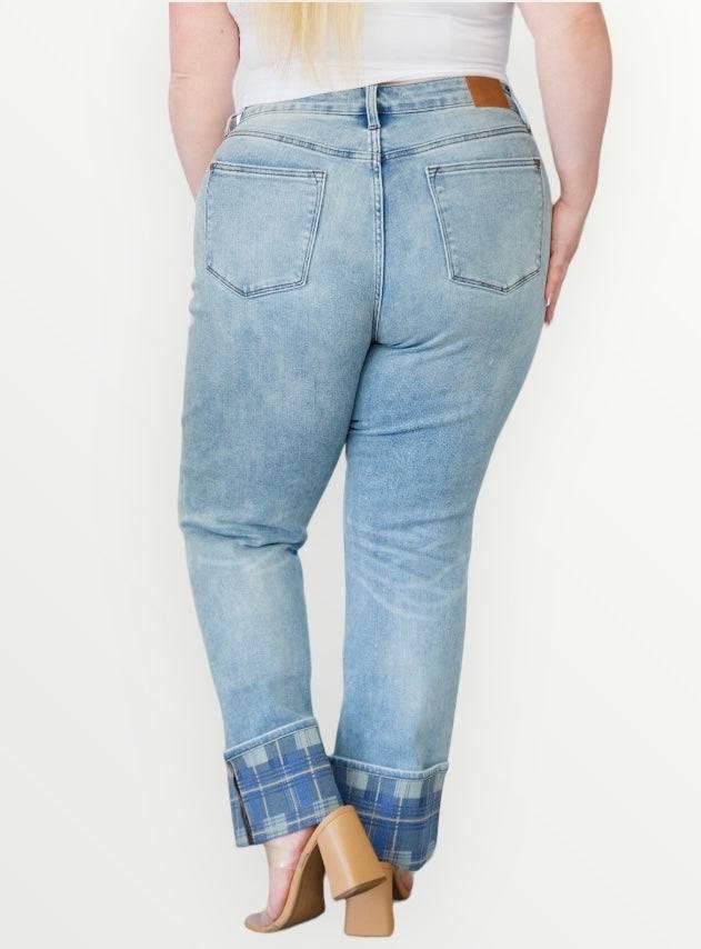 High Rise Plaid Cuff Vintage Straight Judy Blue Jeans Jeans