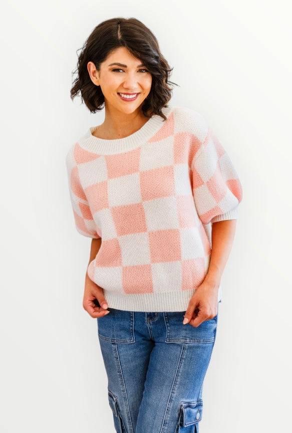 Full size short sleeve checkered sweater Sweaters