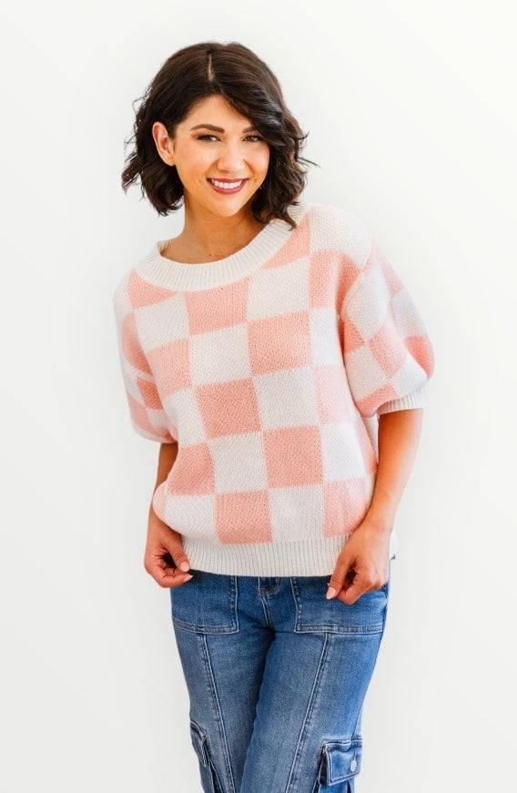 Full size short sleeve checkered sweater Sweaters