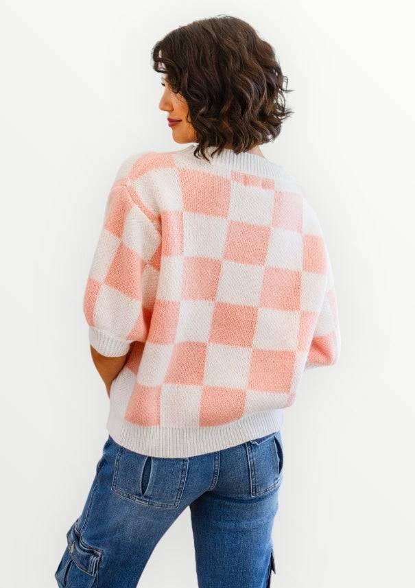 Full size short sleeve checkered sweater Sweaters