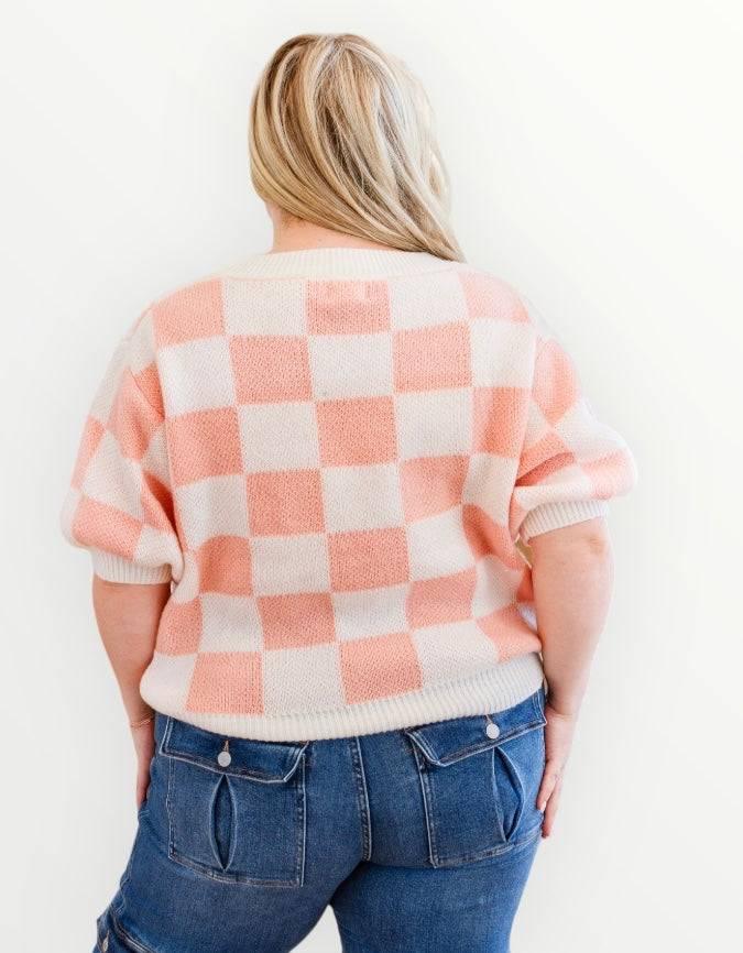 Full size short sleeve checkered sweater Sweaters