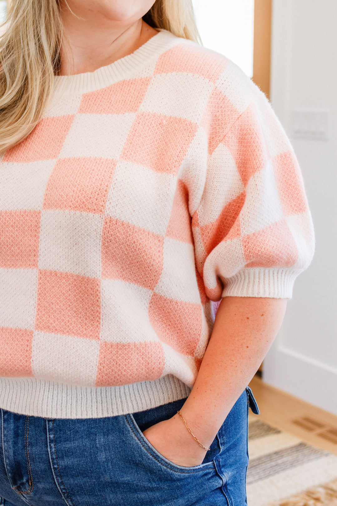 Full size short sleeve checkered sweater Sweaters