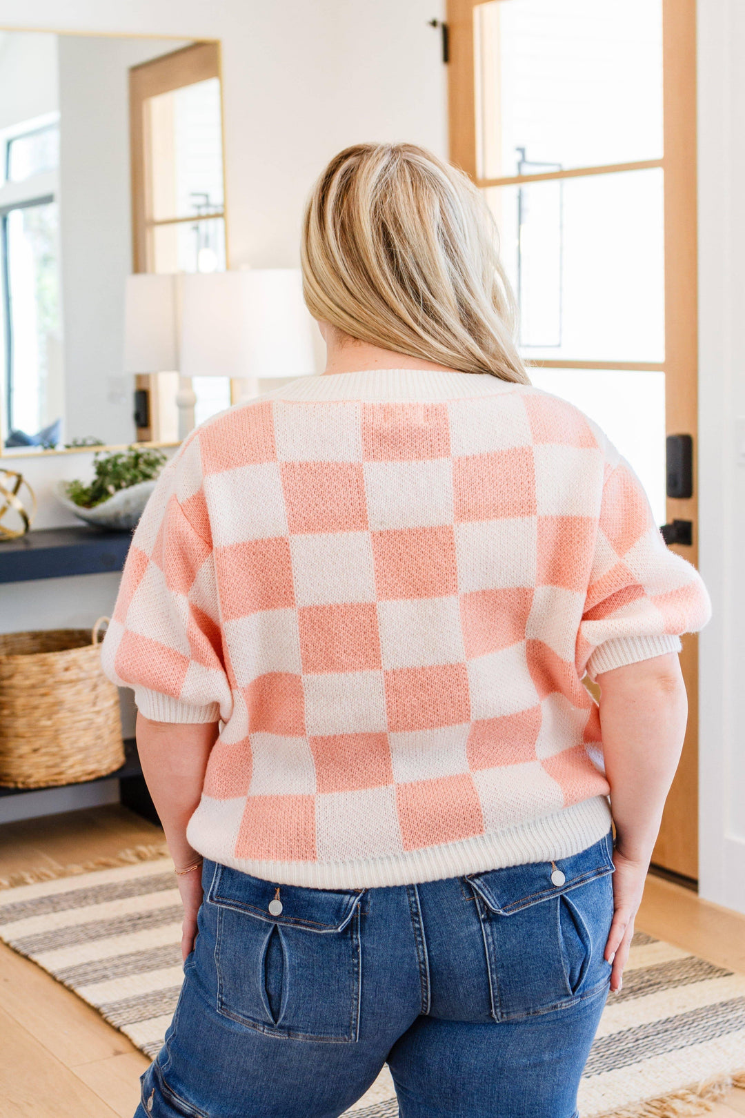 Full size short sleeve checkered sweater Sweaters