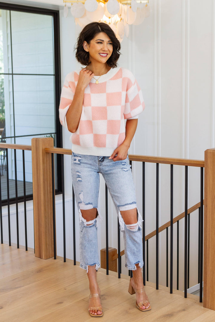 Full size short sleeve checkered sweater Sweaters