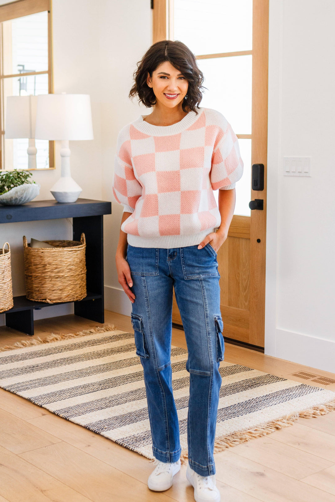 Full size short sleeve checkered sweater Sweaters