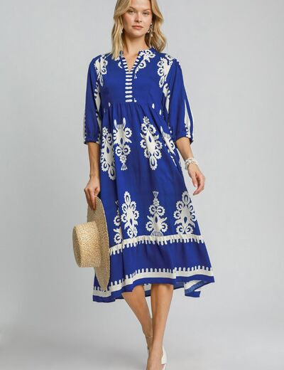 Umgee Printed Notched Midi Dress Royal Blue S