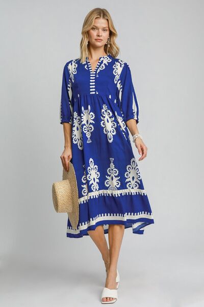 Umgee Printed Notched Midi Dress Royal Blue S