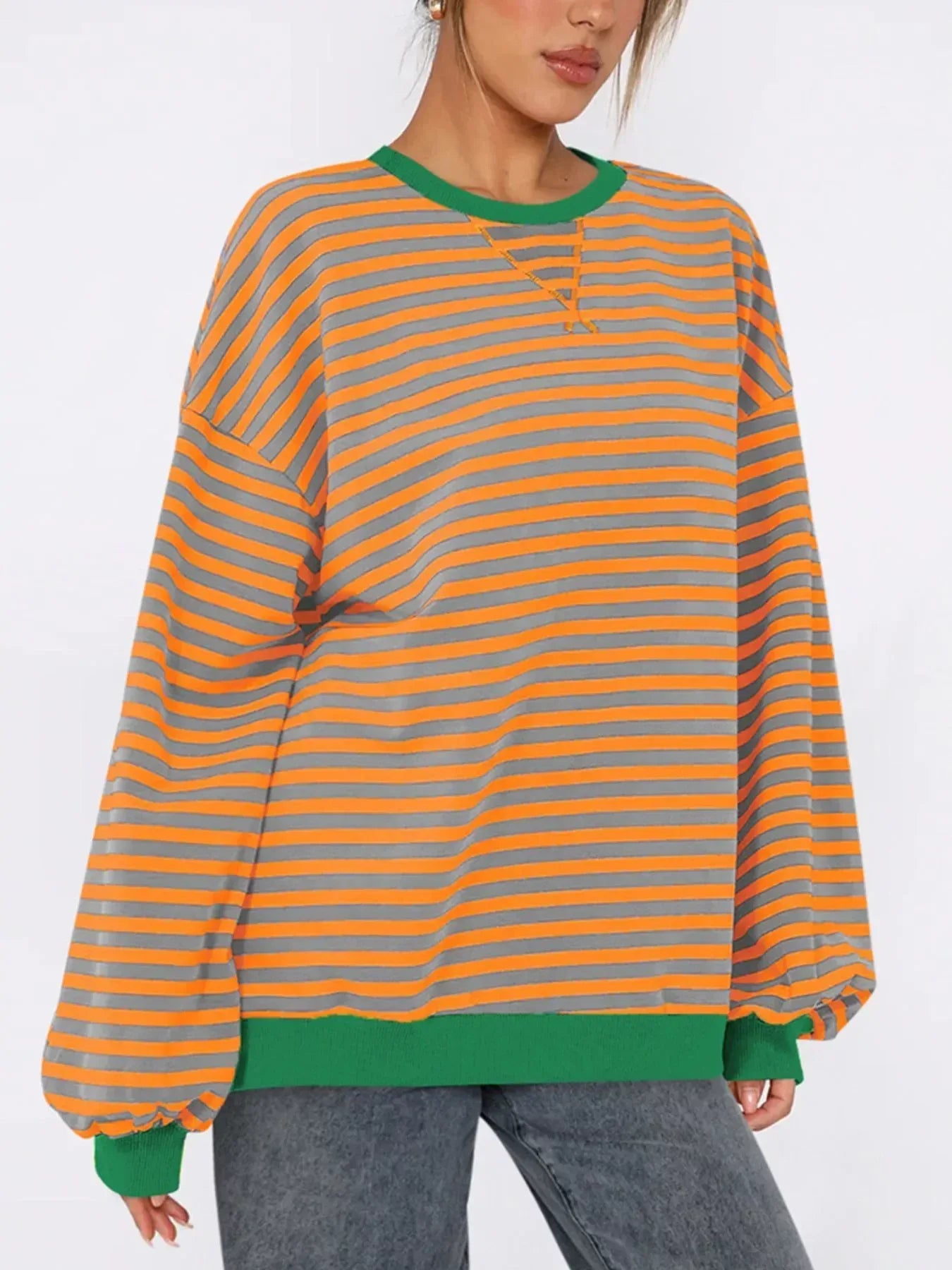 Striped Round Neck Long Sleeve Sweatshirt - DAVERRI FASHIONS