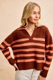 BiBi Striped Sweater Top with Collar Stitched Details | Sweaters Daverri Fashions