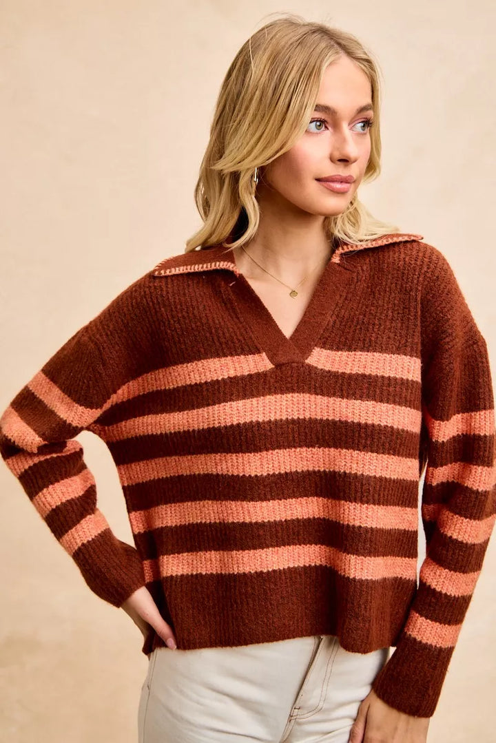 BiBi Striped Sweater Top with Collar Stitched Details | Sweaters Daverri Fashions