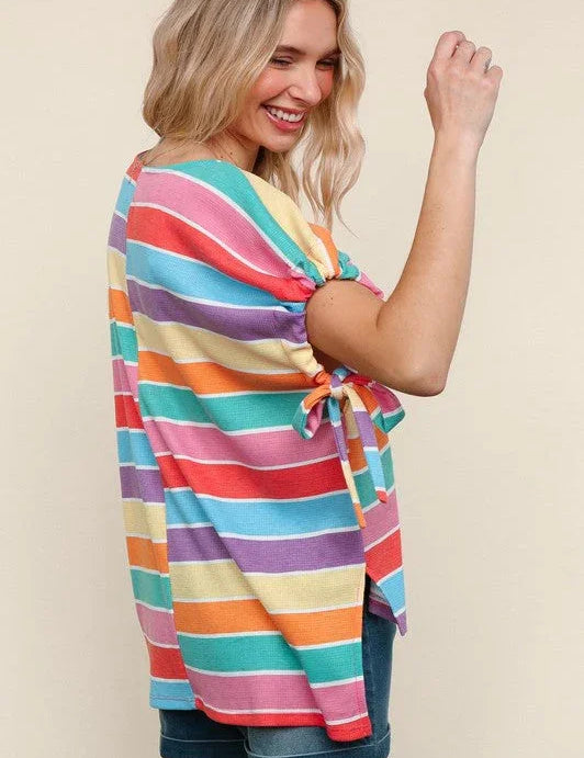 Feeling Bold Multicolor Stripe Dolman Bow Tie Sleeve Top | Daverri Fashions