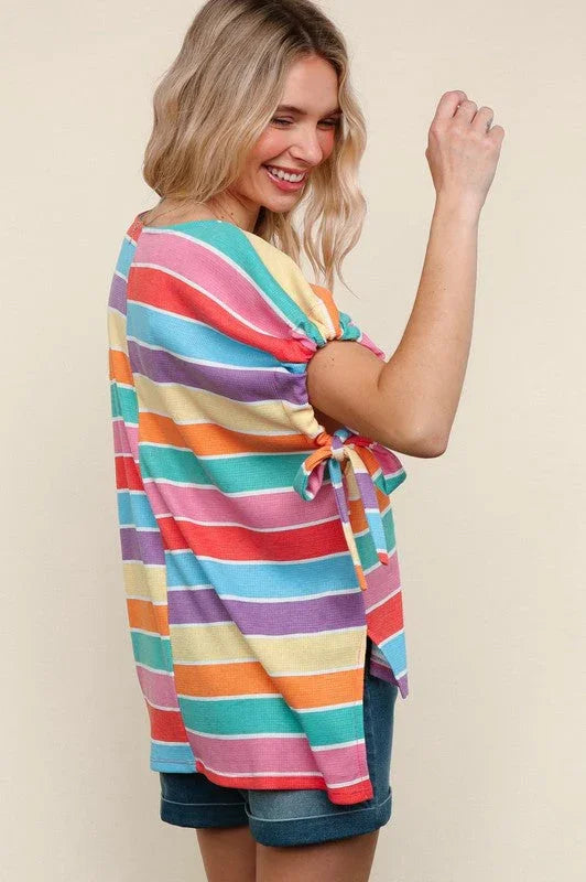 Feeling Bold Multicolor Stripe Dolman Bow Tie Sleeve Top | Daverri Fashions