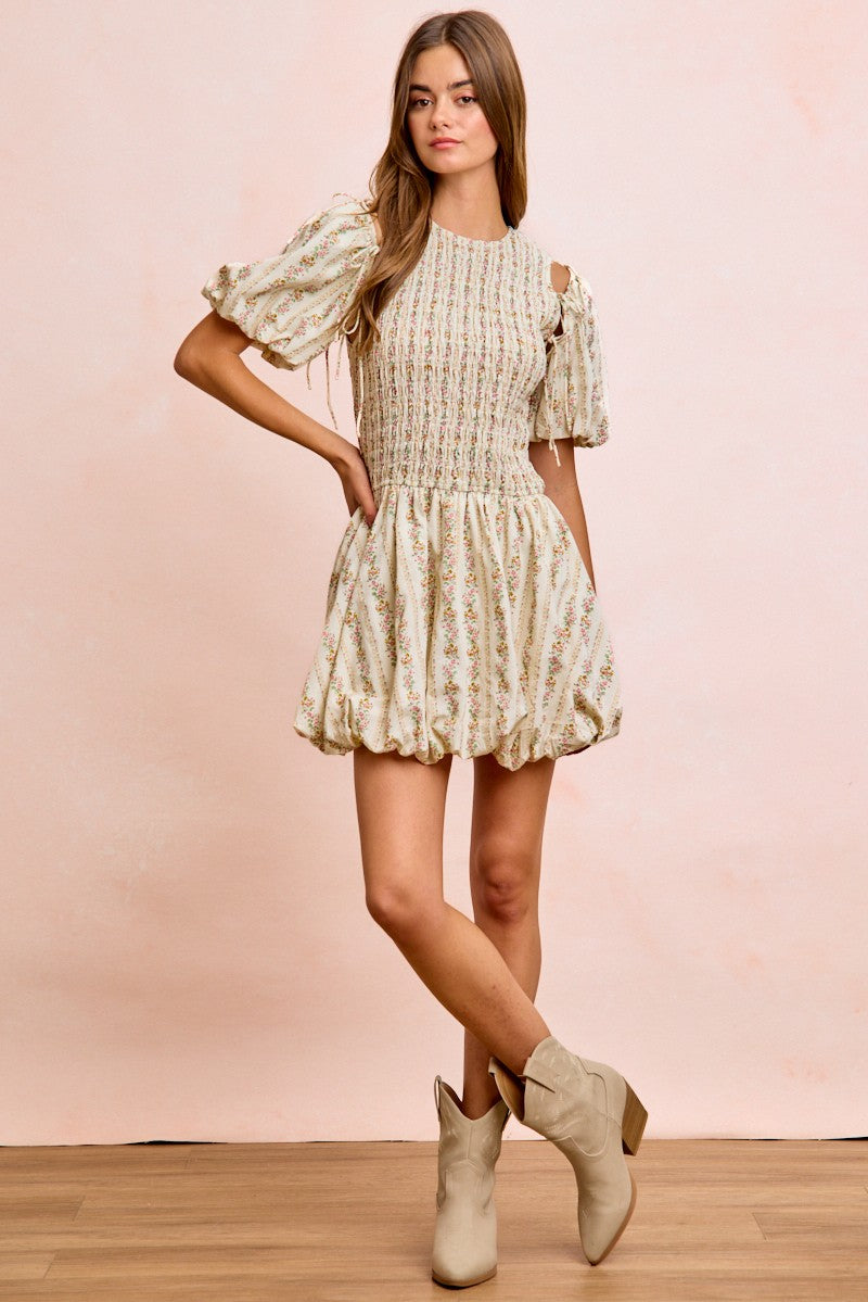 BiBi Floral Bow Tie Attachable Puff Sleeves off-white mini dress