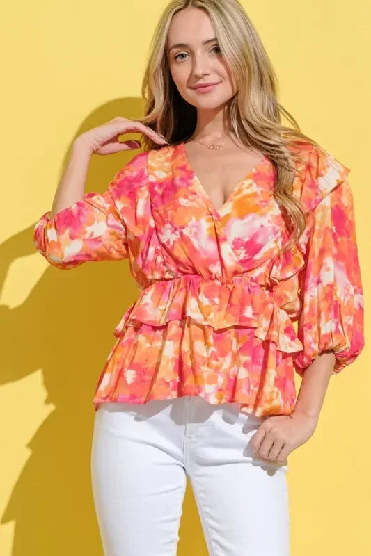 And The Why Ruffled Printed Puff Sleeve Blouse - DAVERRI FASHIONS