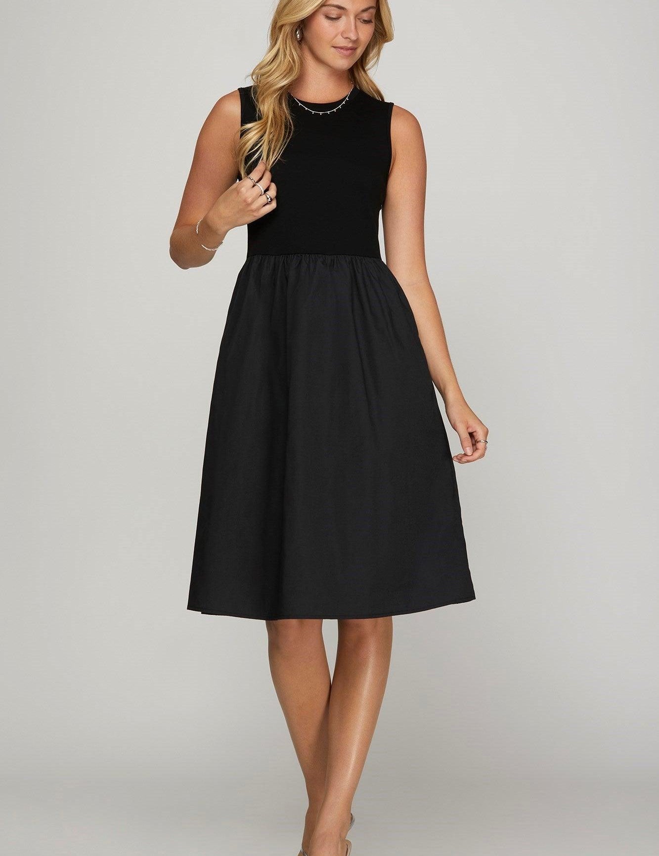 Black She + Sky Full Size Sleeveless Poplin Woven Midi Dress with Pockets Plus Size | Midi Dresses Daverri Fashions