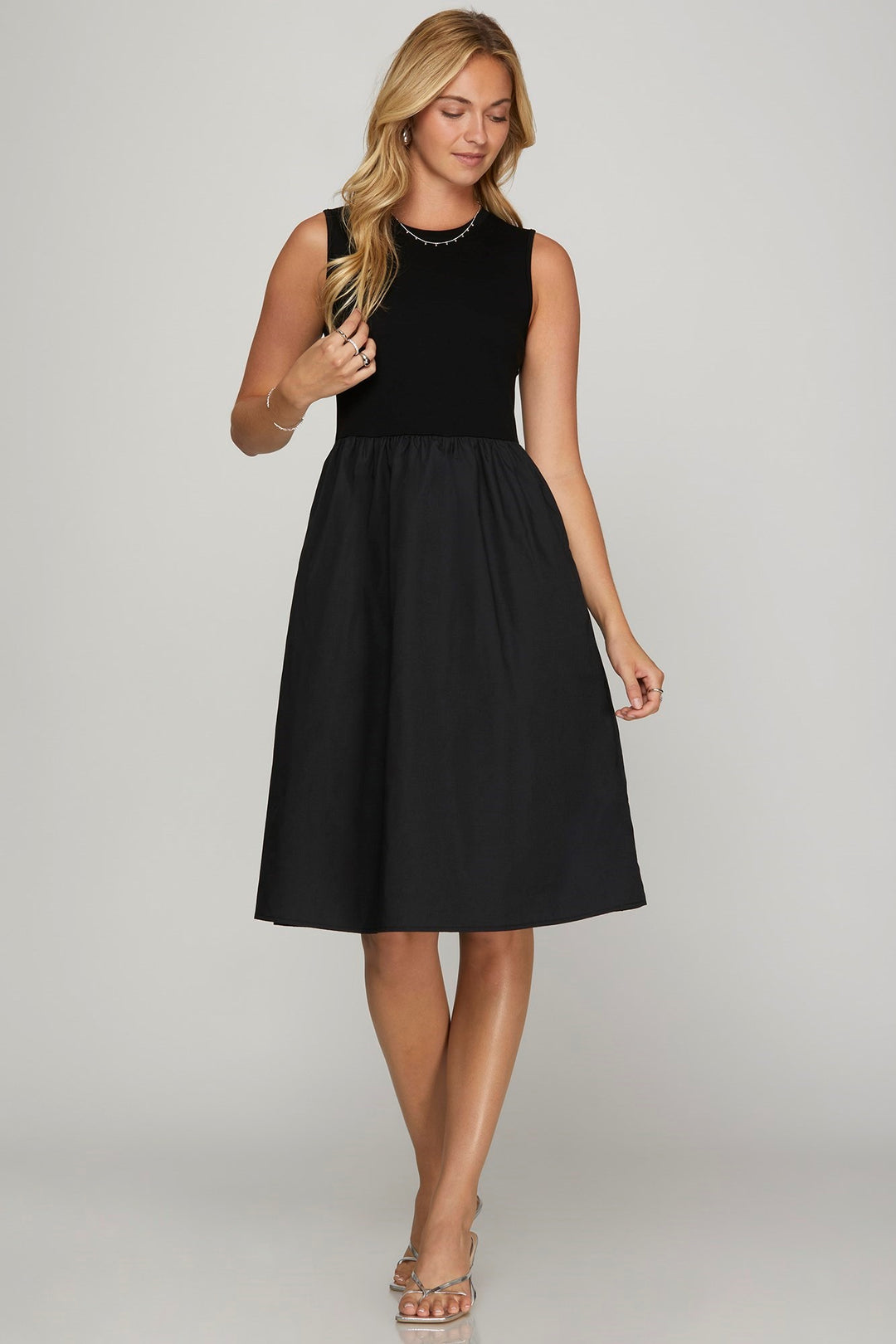 She + Sky Full Size Sleeveless Poplin Woven Midi Dress with Pockets Plus Size Black Midi Dresses