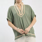 Umgee mint linen cotton blend V-neck blouse with beige trim and ruched sleeves