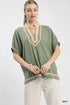Umgee mint linen cotton blend V-neck blouse with beige trim and ruched sleeves