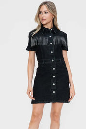 Black bytos Full Size Embellished Button Down Short Sleeve Denim Dress | Mini Dresses Daverri Fashions