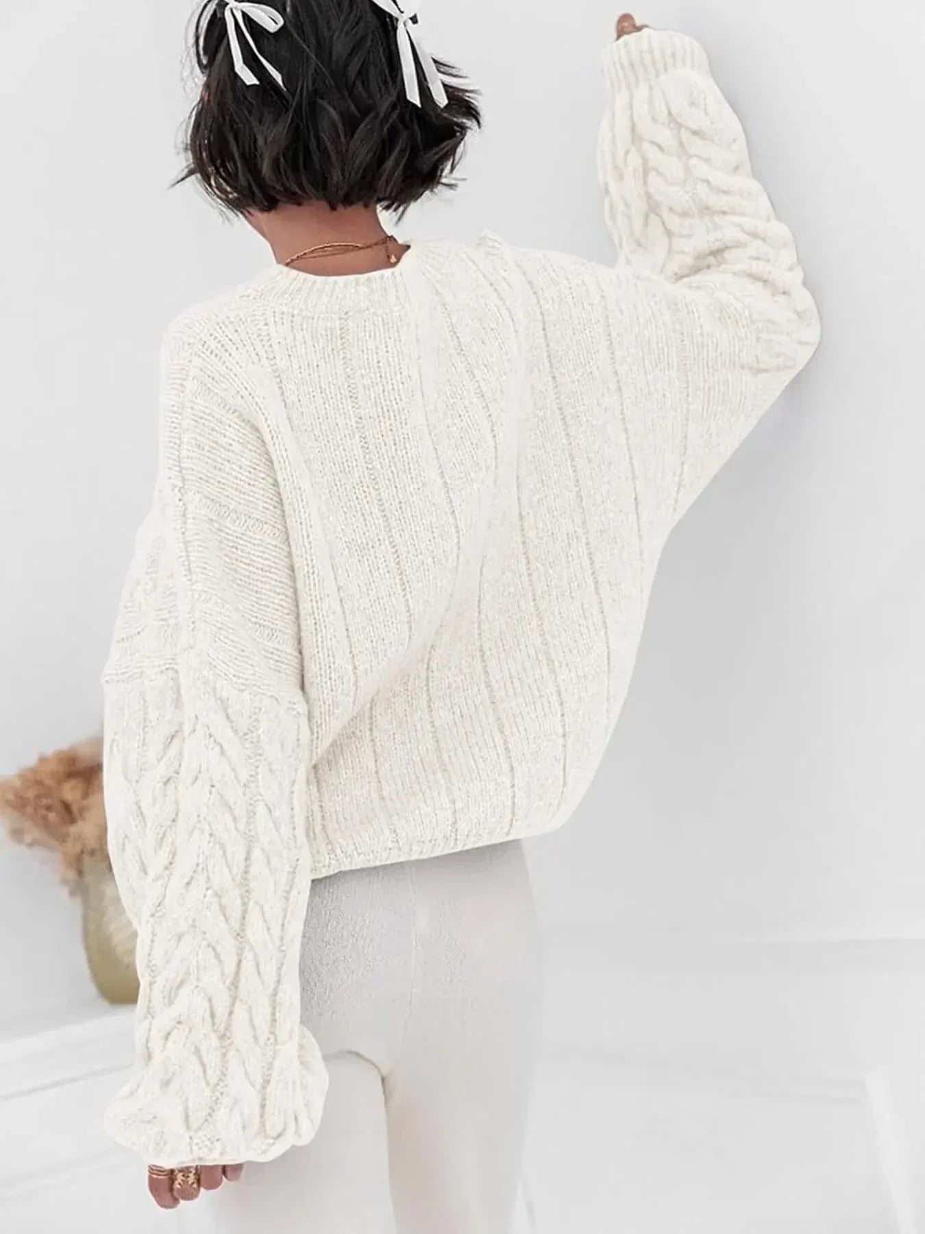 Cable Knit Long Sleeve Sweater - DAVERRI FASHIONS