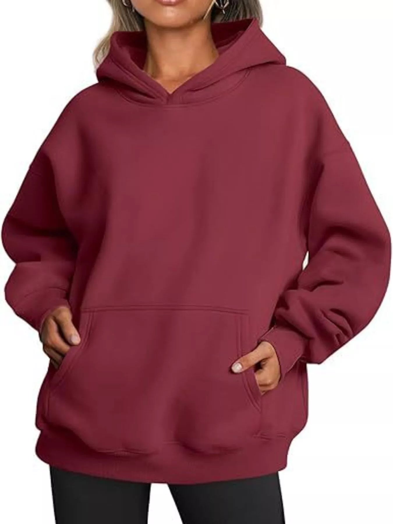 Maroon oversized kangaroo pocket long sleeve hoodie with drawstring hood