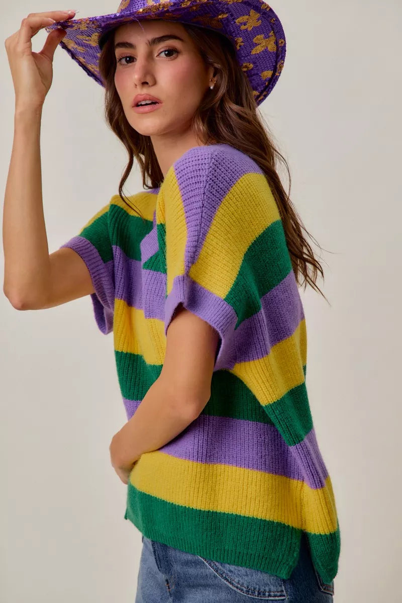 Vibrant purple, green, yellow striped knit SO ME Mardi Gras V-neck sweater