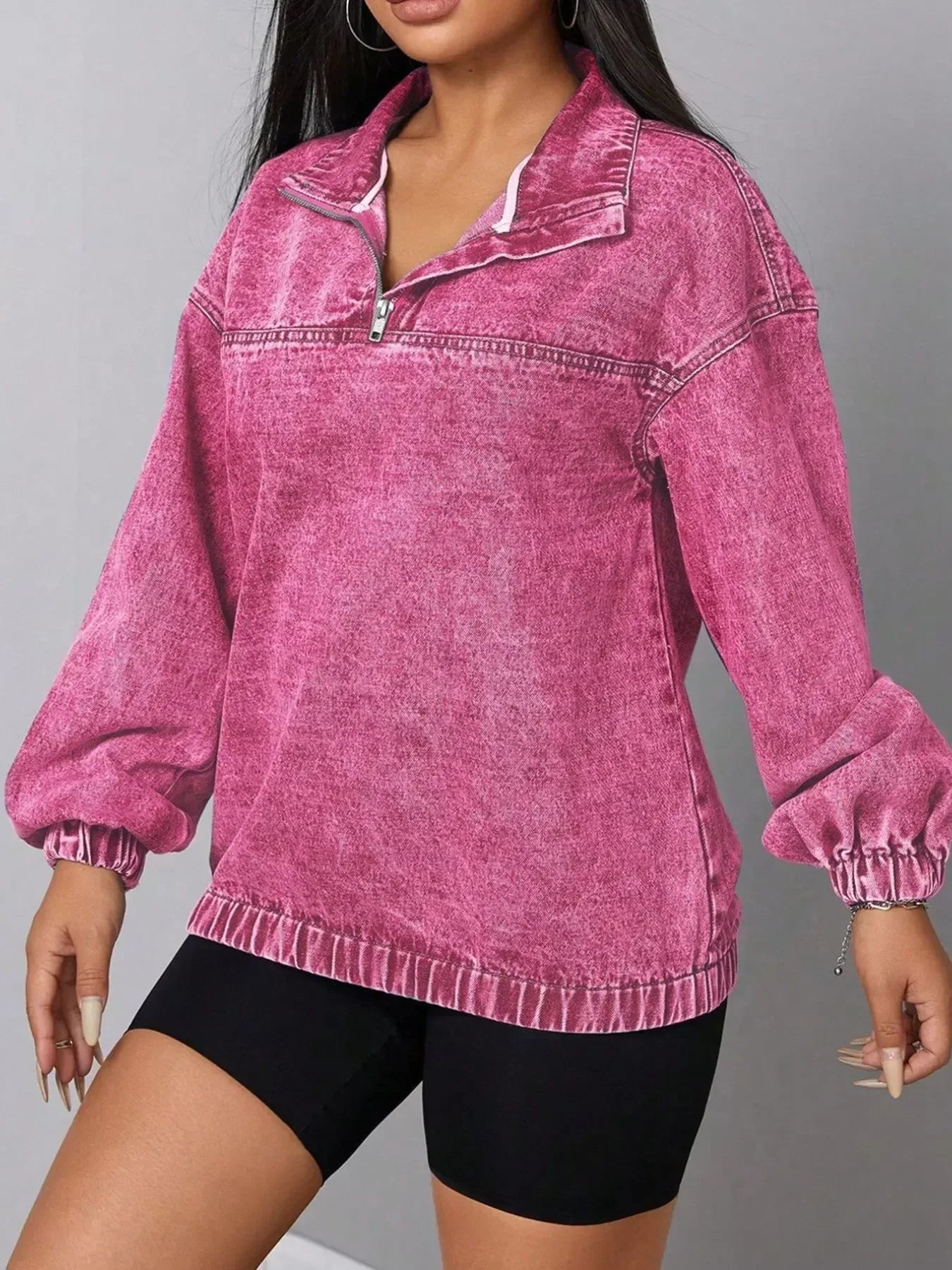 Zip Collar Long Sleeve Denim Top - DAVERRI FASHIONS