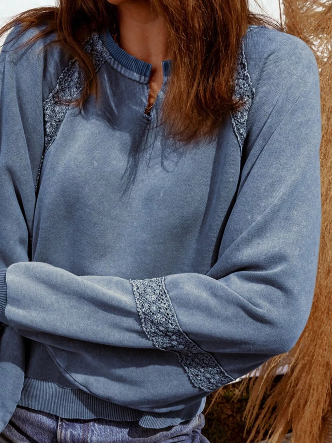 Lace patchwork mineral wash baggy sweatshirt in soft blue with lace trim