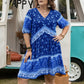 Plus size floral v-neck mini dress in vibrant blue bohemian style