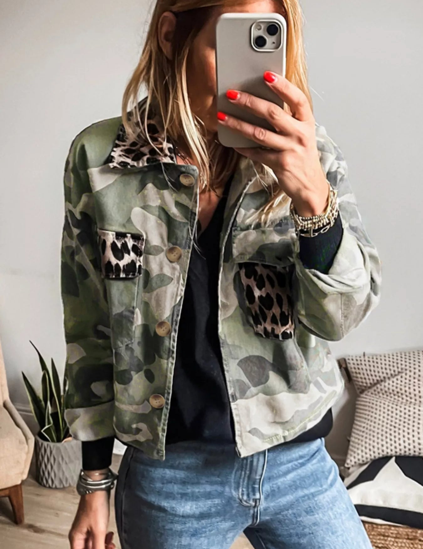 Camo Print Leopard Trim Button Up Jacket | Jackets Daverri Fashions