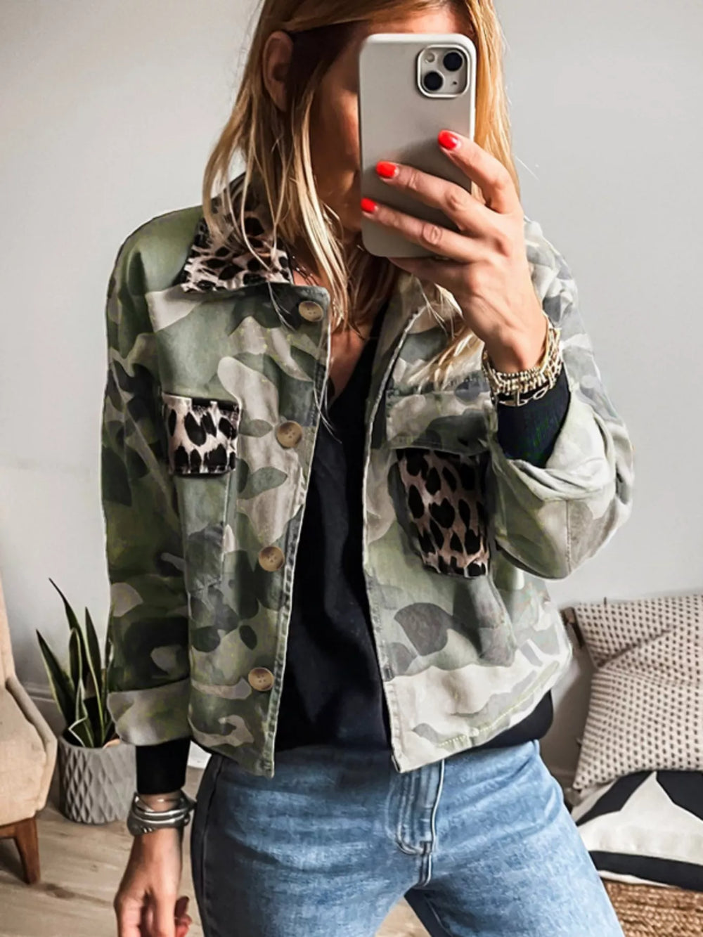 Camo Print Leopard Trim Button Up Jacket | Jackets Daverri Fashions