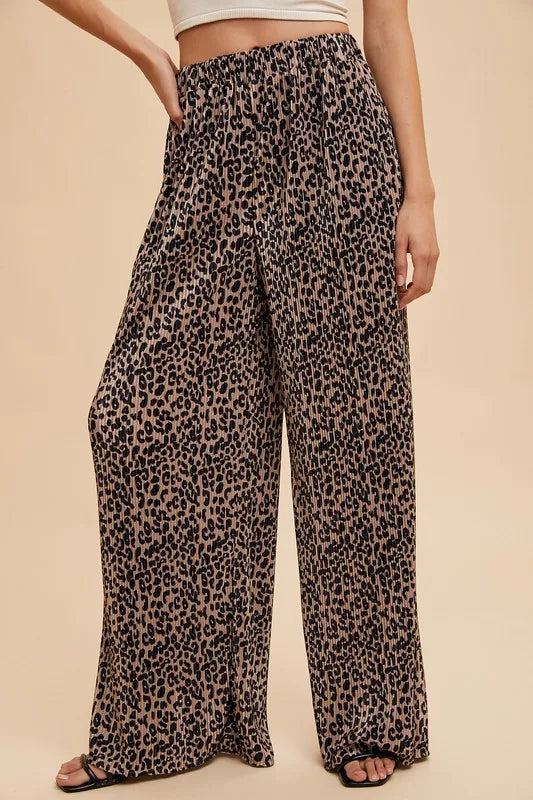 Annie Wear Leopard Plisse Lounge Wide Pants MOCHA