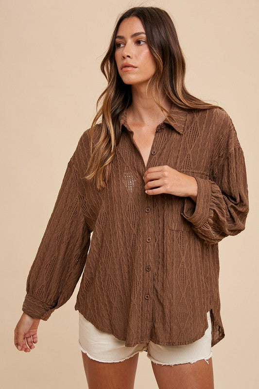 Annie Wear Openwork Button Down Drop Shoulder Shirt Tops