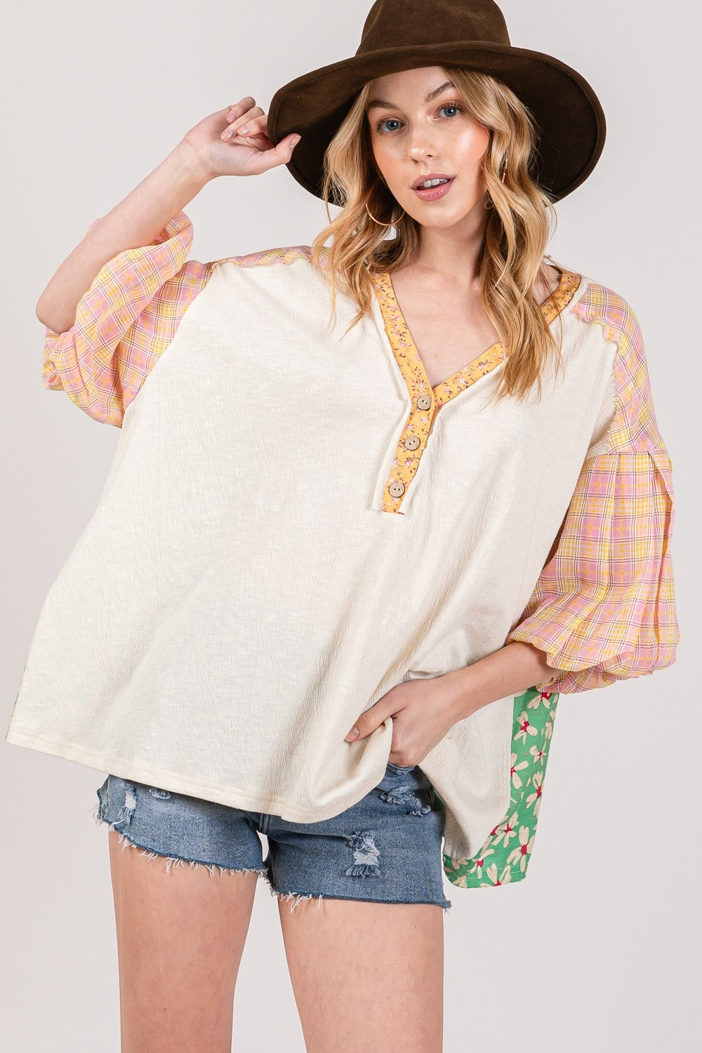 SAGE + FIG Color Block Bubble Sleeve Top Ivory